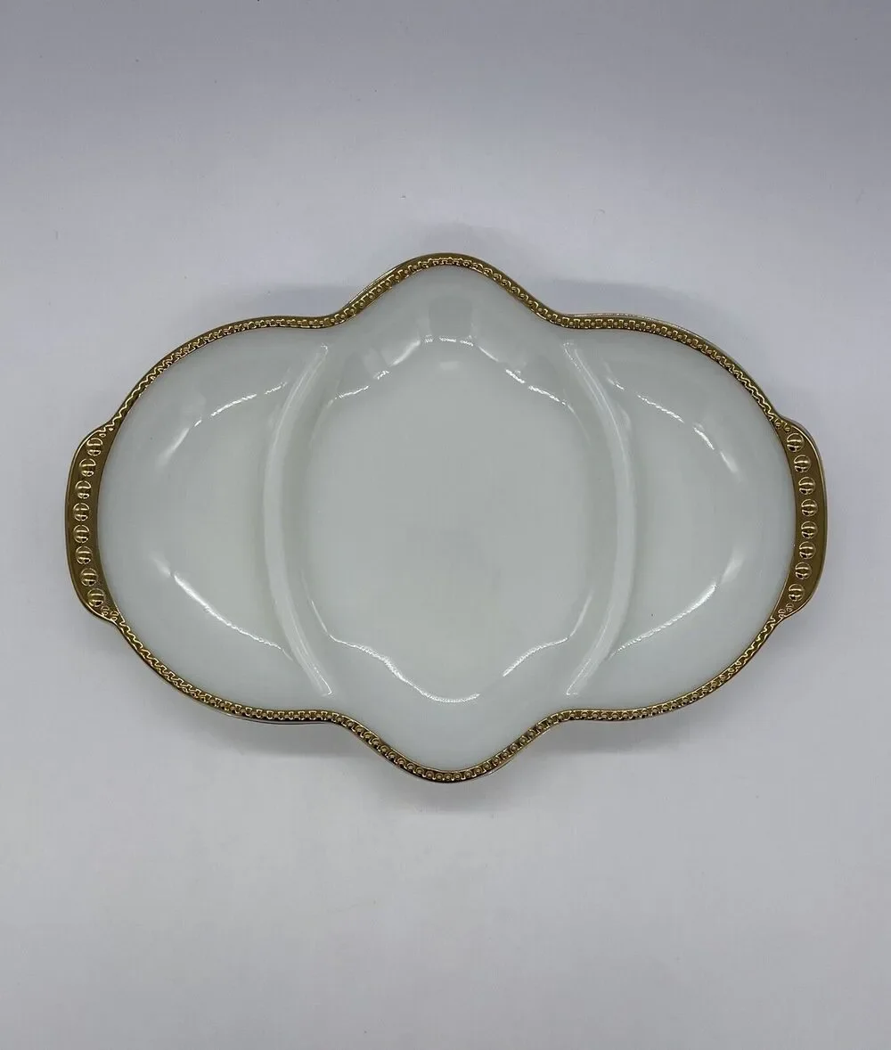 Vintage Milk Glass Fire King Anchor Hocking Relish/Serving Tray with Gold Trim